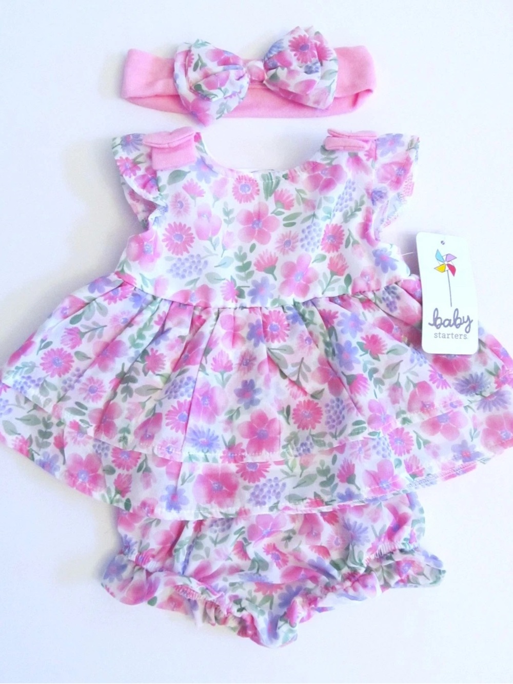 Baby Starters 3-Piece Pink & Purple Floral Dress Set with Headband & Bloomers